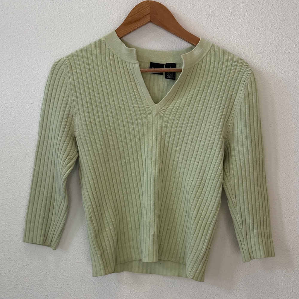 Vintage Massimo Green Ribbed 3/4 Sleeve V Neck Sweater Y24‎